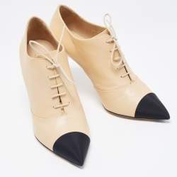 Chanel Beige/Black Leather and Fabric CC Pearl Ankle Booties Size 41.5