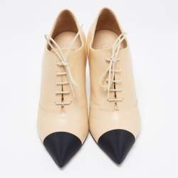 Chanel Beige/Black Leather and Fabric CC Pearl Ankle Booties Size 41.5