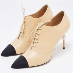 Chanel Beige/Black Leather and Fabric CC Pearl Ankle Booties Size 41.5