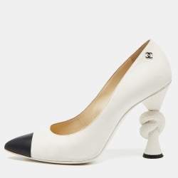 Pre Owned Chanel White/Black Leather Cap Toe Knot Heel Pumps Size 40
