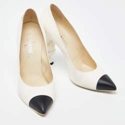 Pre Owned Chanel White/Black Leather Cap Toe Knot Heel Pumps Size 40