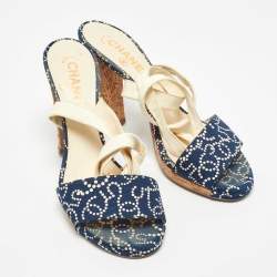 Chanel Navy Blue/White Denim Ankle Wrap Sandals Size 40