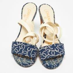Chanel Navy Blue/White Denim Ankle Wrap Sandals Size 40
