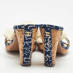Chanel Navy Blue/White Denim Ankle Wrap Sandals Size 40