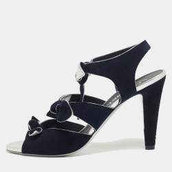 Chanel Navy Blue Suede Knotted Bow Ankle Strap Sandals Size 39