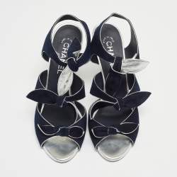 Chanel Navy Blue Suede Knotted Bow Ankle Strap Sandals Size 39