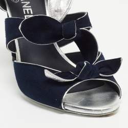 Chanel Navy Blue Suede Knotted Bow Ankle Strap Sandals Size 39
