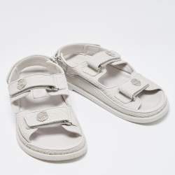 Chanel Light Grey Textured Leather Dad Sandals Size 39
