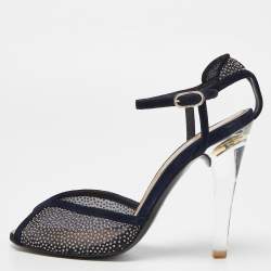 Chanel Navy Blue Suede and Mesh Embellished Ankle Strap Sandals Size 39