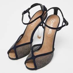 Chanel Navy Blue Suede and Mesh Embellished Ankle Strap Sandals Size 39