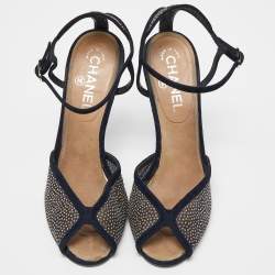 Chanel Navy Blue Suede and Mesh Embellished Ankle Strap Sandals Size 39