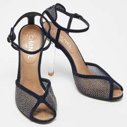 Chanel Navy Blue Suede and Mesh Embellished Ankle Strap Sandals Size 39