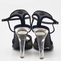 Chanel Navy Blue Suede and Mesh Embellished Ankle Strap Sandals Size 39