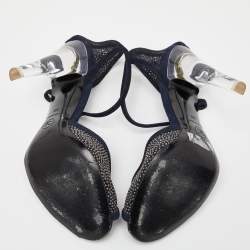 Chanel Navy Blue Suede and Mesh Embellished Ankle Strap Sandals Size 39
