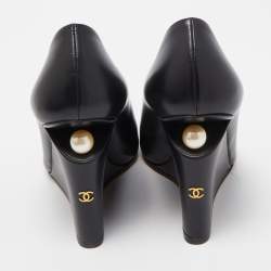 Chanel Black Leather Pearl Embellished Wedge Pumps Size 39
