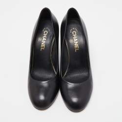 Chanel Black Leather Pearl Embellished Wedge Pumps Size 39