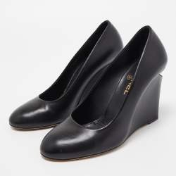 Chanel Black Leather Pearl Embellished Wedge Pumps Size 39