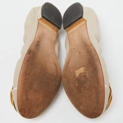 Pre Owned Chanel Beige/White Leather CC Camellia Scrunch Ballet Flats Size 37