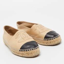 Chanel Beige/Black Leather CC Espadrille Flats Size 37