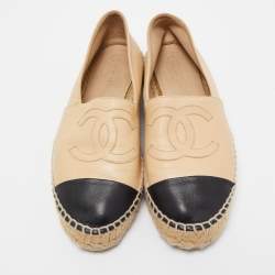 Chanel Beige/Black Leather CC Espadrille Flats Size 37