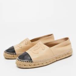 Chanel Beige/Black Leather CC Espadrille Flats Size 37