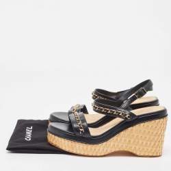 Pre Owned Chanel Black Leather CC Chain Link Strap Slingback Wedge Sandals Size 39