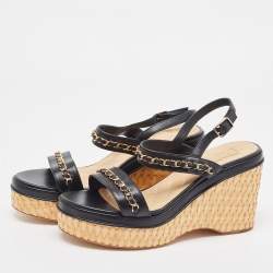 Pre Owned Chanel Black Leather CC Chain Link Strap Slingback Wedge Sandals Size 39