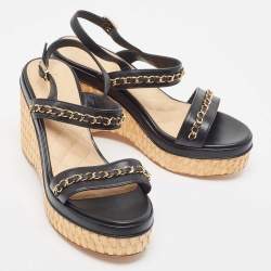Pre Owned Chanel Black Leather CC Chain Link Strap Slingback Wedge Sandals Size 39