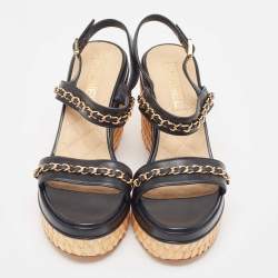 Pre Owned Chanel Black Leather CC Chain Link Strap Slingback Wedge Sandals Size 39