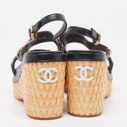 Pre Owned Chanel Black Leather CC Chain Link Strap Slingback Wedge Sandals Size 39