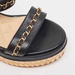 Pre Owned Chanel Black Leather CC Chain Link Strap Slingback Wedge Sandals Size 39