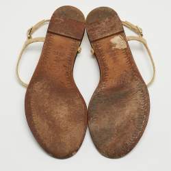 Chanel Gold Textured Leather Embellished CC Thong Flat Sandals Size 36.5