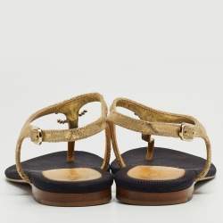 Chanel Gold Textured Leather Embellished CC Thong Flat Sandals Size 36.5