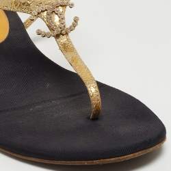 Chanel Gold Textured Leather Embellished CC Thong Flat Sandals Size 36.5