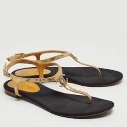 Chanel Gold Textured Leather Embellished CC Thong Flat Sandals Size 36.5