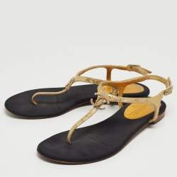 Chanel Gold Textured Leather Embellished CC Thong Flat Sandals Size 36.5