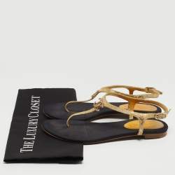 Chanel Gold Textured Leather Embellished CC Thong Flat Sandals Size 36.5