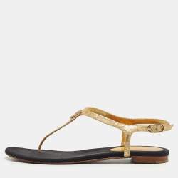Chanel Gold Textured Leather Embellished CC Thong Flat Sandals Size 36.5