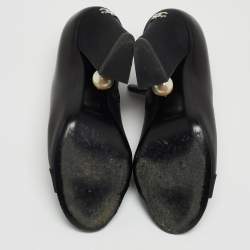 Chanel Black Leather Faux Pearl Open Toe Ankle Booties Size 35.5