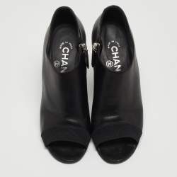 Chanel Black Leather Faux Pearl Open Toe Ankle Booties Size 35.5