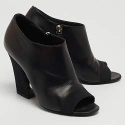 Chanel Black Leather Faux Pearl Open Toe Ankle Booties Size 35.5