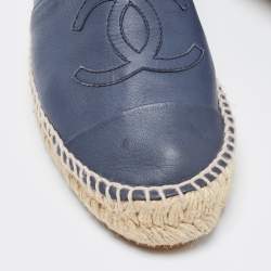 Chanel Navy Blue Leather CC Espadrille Flats Size 37