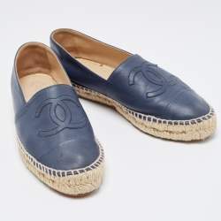 Chanel Navy Blue Leather CC Espadrille Flats Size 37