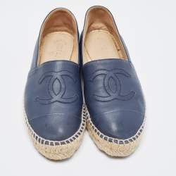 Chanel Navy Blue Leather CC Espadrille Flats Size 37