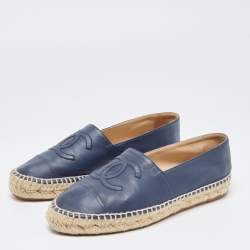 Chanel Navy Blue Leather CC Espadrille Flats Size 37