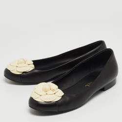 Pre Owned Chanel Black Leather CC Camelia Ballet Flats Size 37