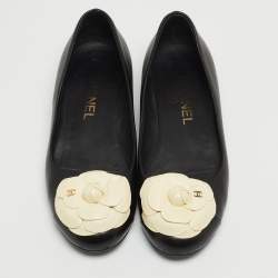 Pre Owned Chanel Black Leather CC Camelia Ballet Flats Size 37