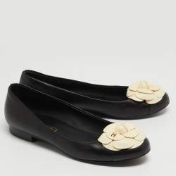 Pre Owned Chanel Black Leather CC Camelia Ballet Flats Size 37
