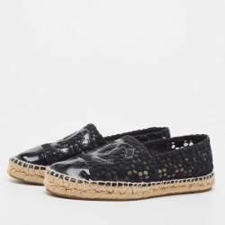 Chanel Black Lace and Patent Leather CC Espadrille Flats Size 37