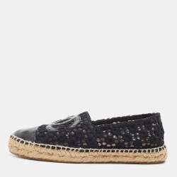 Chanel Black Lace and Patent Leather CC Espadrille Flats Size 37